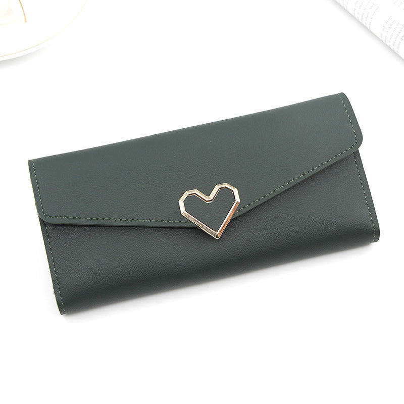 Long portefeuille en cuir uni en forme de cœur avec plusieurs fentes pour cartes, portefeuille à boucle, grande capacité, sac à main