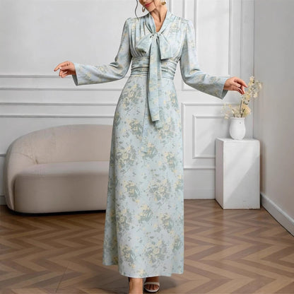 Elegant Floral Long Sleeve Maxi Dress with Tie Waist for Women