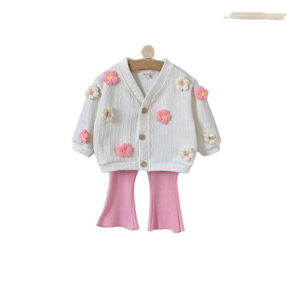 Flower sweater jacket+solid color flared pants two-piece set