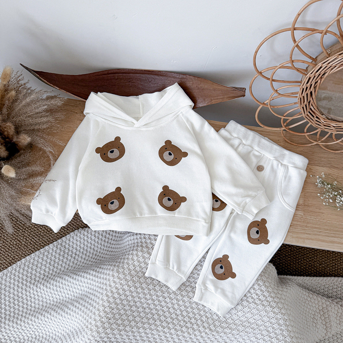 Bear print long sleeved hooded sweatshirt+long pants two-piece set