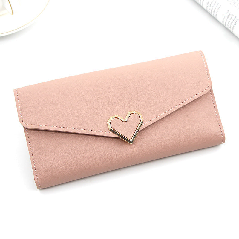 Long portefeuille en cuir uni en forme de cœur avec plusieurs fentes pour cartes, portefeuille à boucle, grande capacité, sac à main