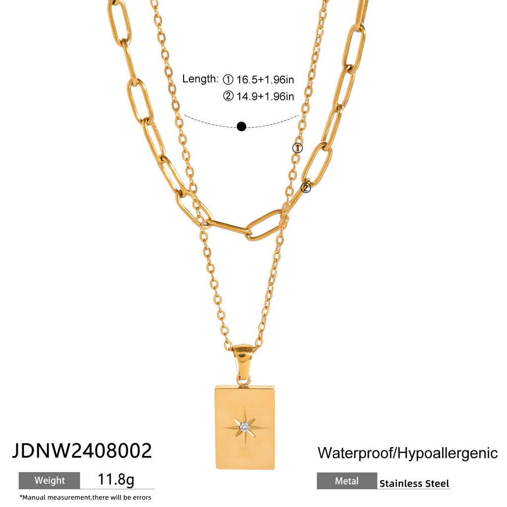 Collier à double couche avec pendentif étoile carrée en acier inoxydable