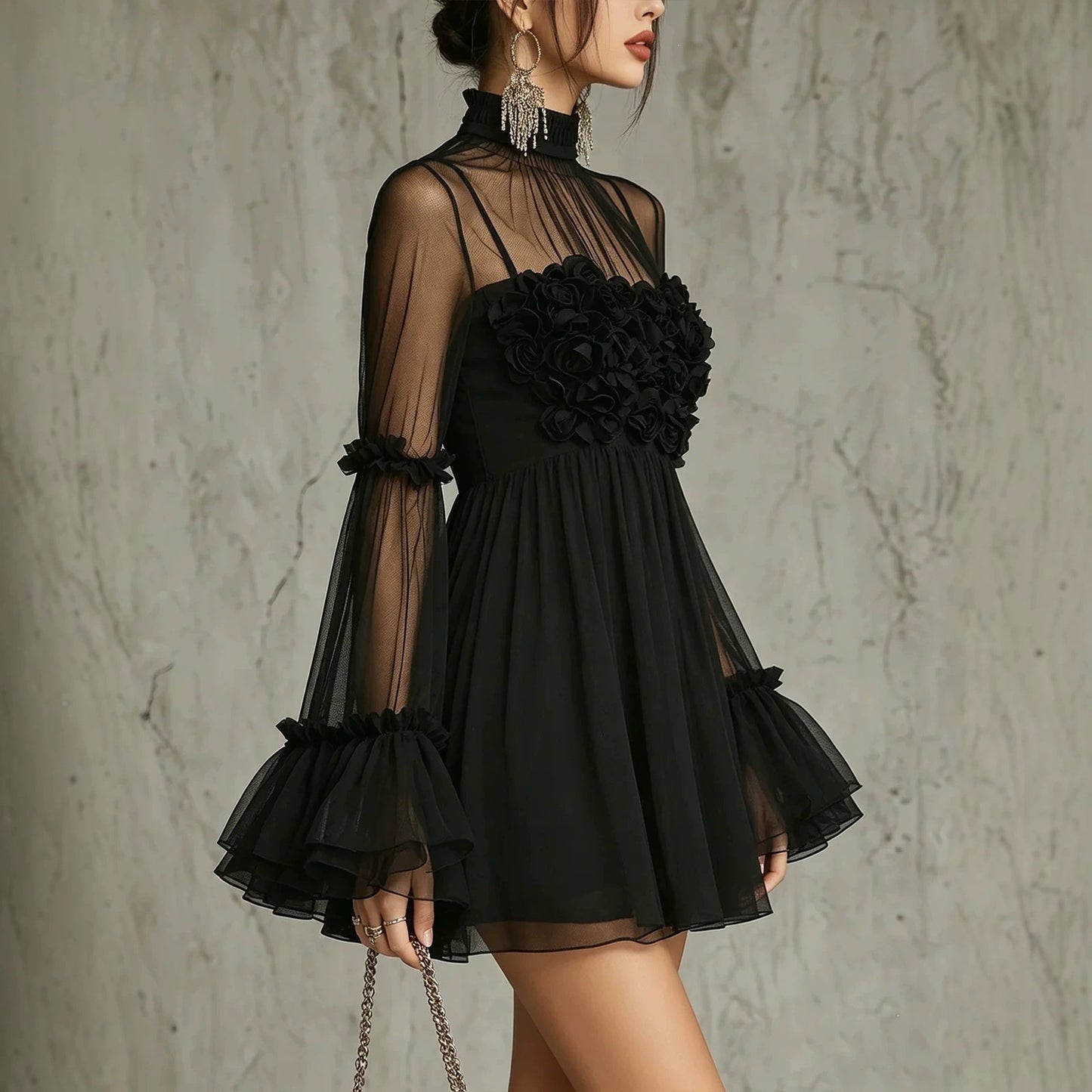 Floral Embroidered Sheer Lace Dress with High Neck and Flared Sleeve