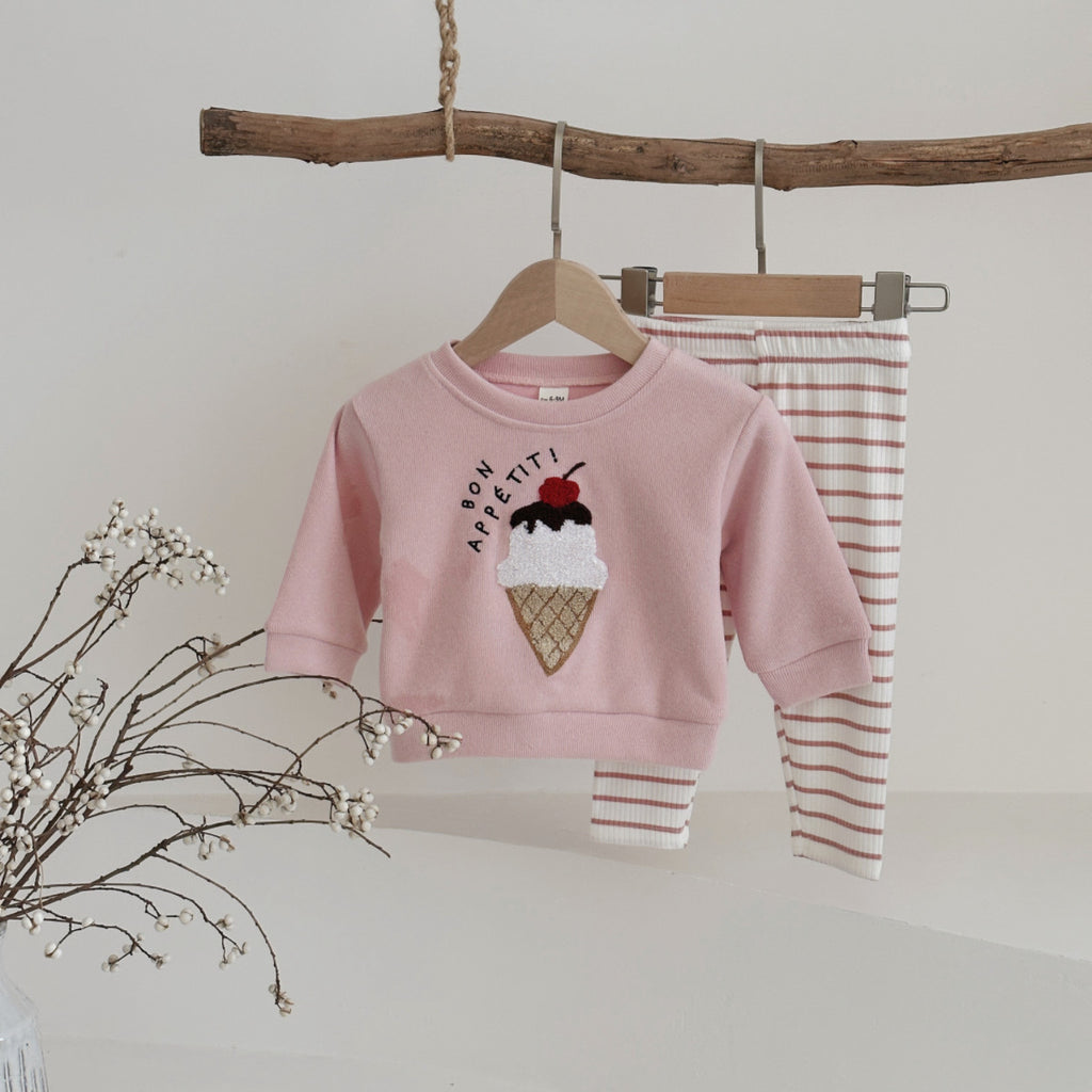 Two piece pink ice cream embroidered hoodie+striped pit pants casual set