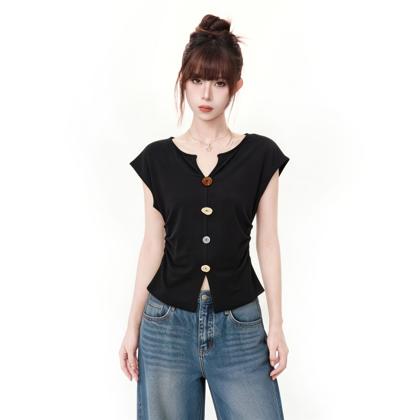Black V-Neck Short Sleeve T-Shirt for Women, Spicy Fitted Ruched Slim Fit Top