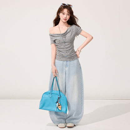 Color-Block Stripe One-Shoulder Off-Shoulder Short Sleeve T-Shirt for Women with Star Print