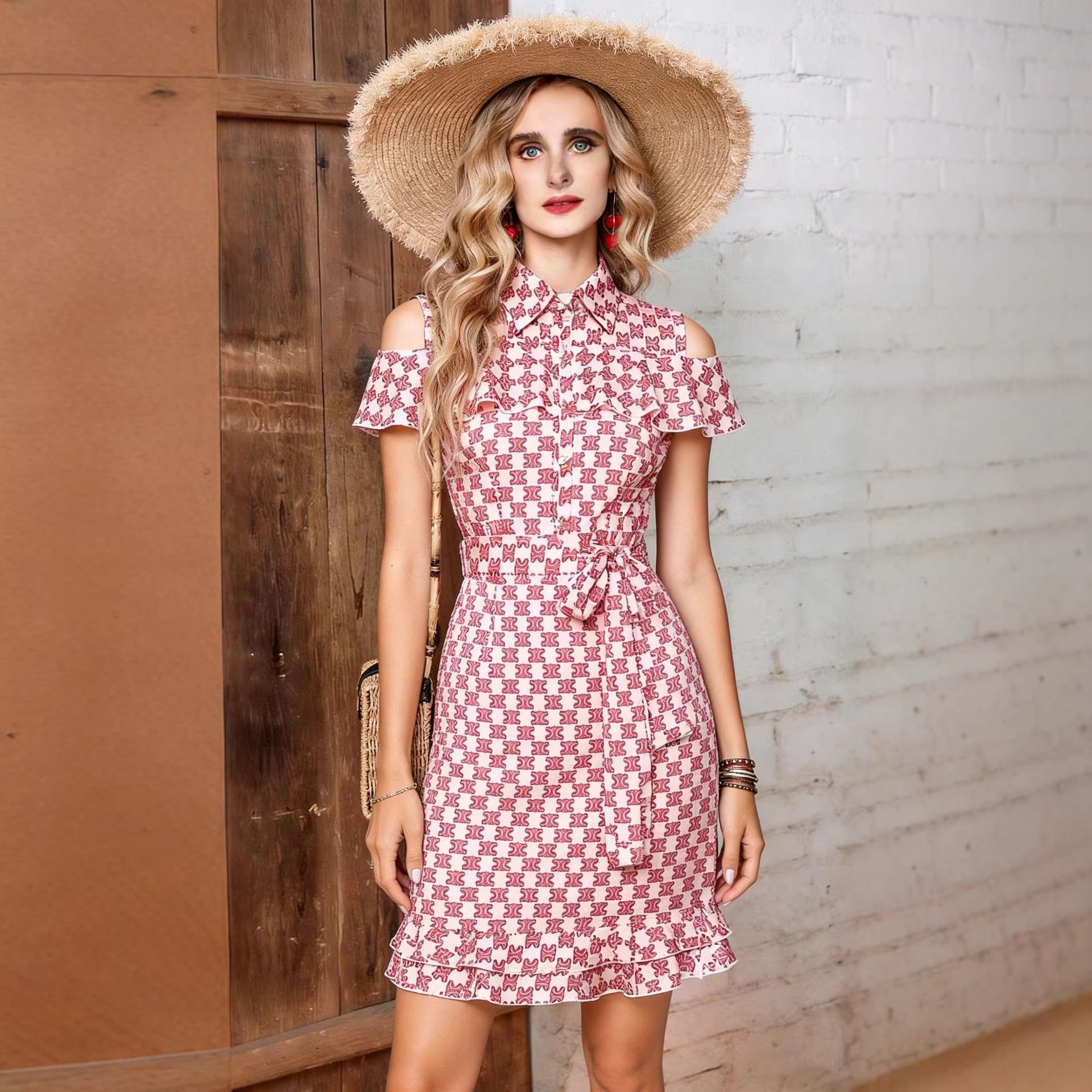 Off shoulder ruffled lace up dress for women