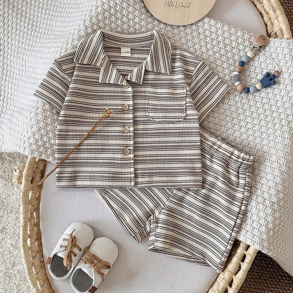 Solid color narrow stripe button set two-piece set