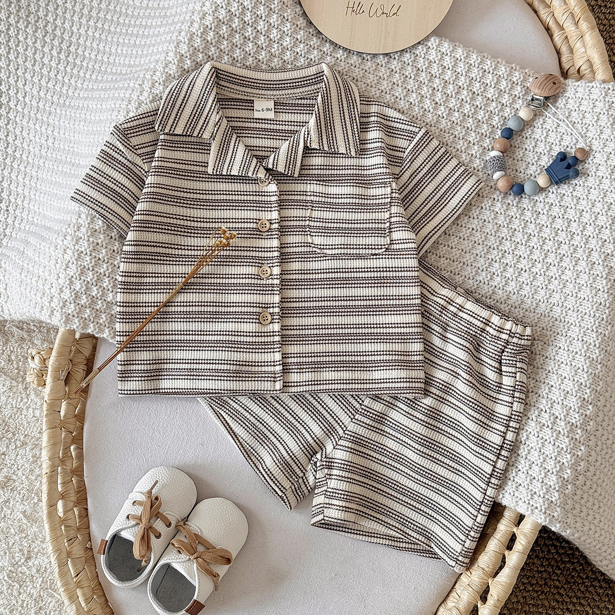 Solid color narrow stripe button set two-piece set
