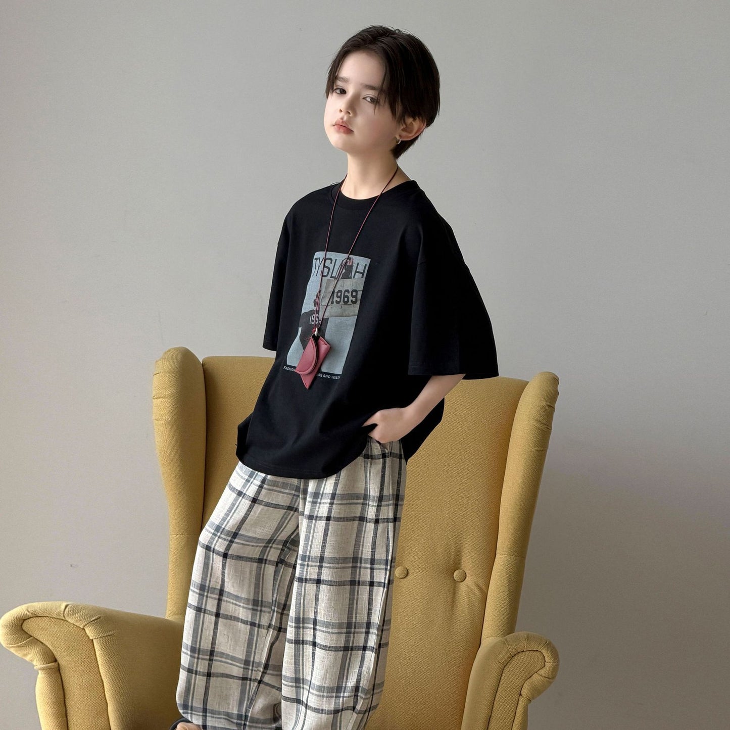 Boys' summer cotton and linen checkered pants