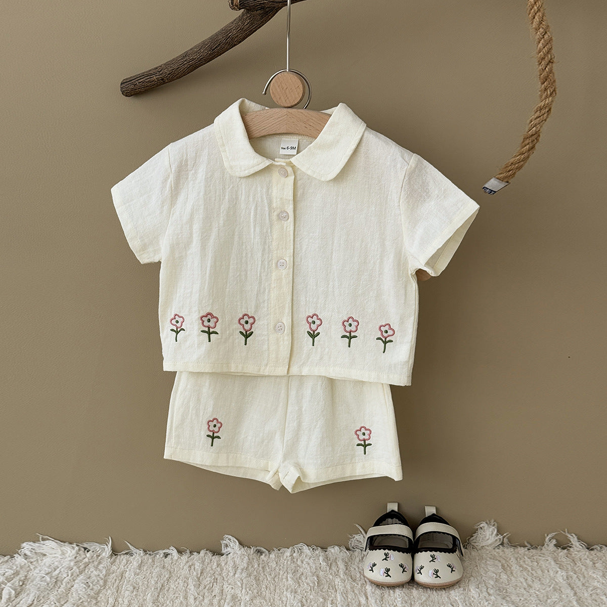 Cute embroidered floral shirt cardigan shorts set