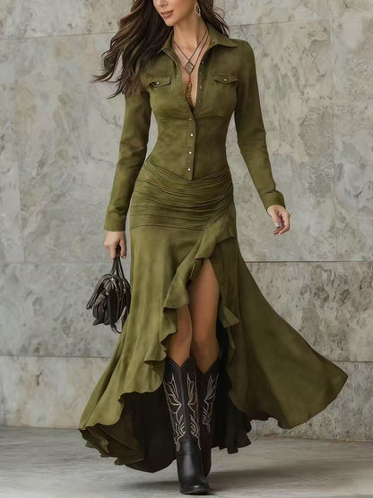 Elegant Zipper Stand Collar Slit Long Dress with Slim Fit