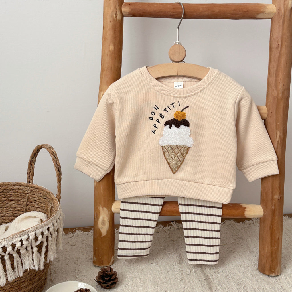 Two piece pink ice cream embroidered hoodie+striped pit pants casual set