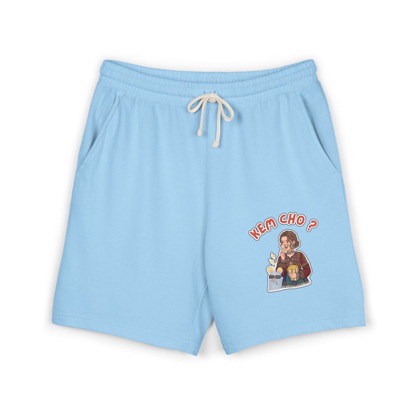 Cream Fleece Sweat Shorts with 'Kem Cho?' Cartoon Graphic