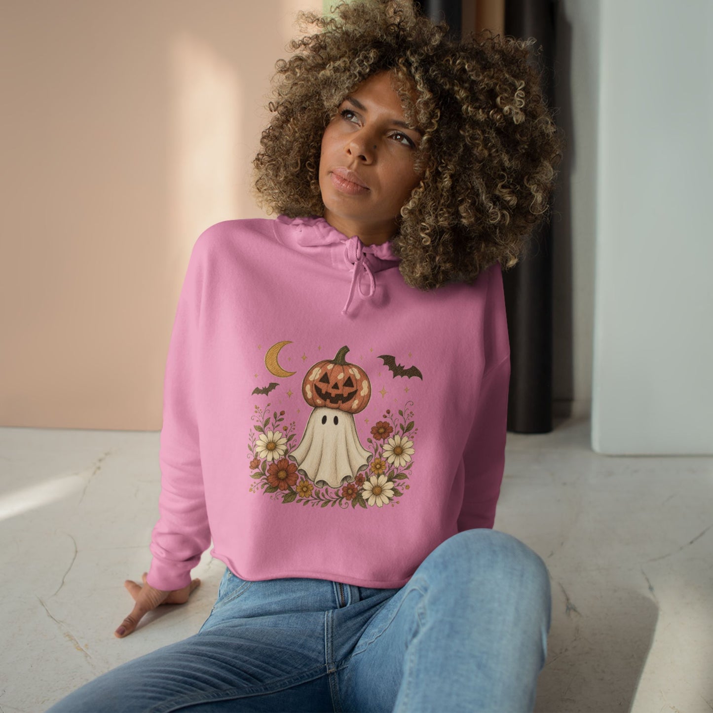 Autumn Pumpkin Ghost Crop Hoodie — Cute Halloween Crop Top Hoodie