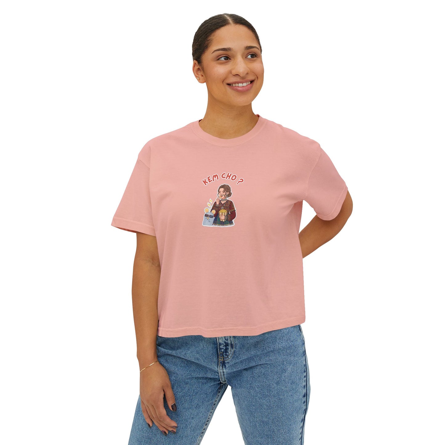 Boxy Tee — Cute Korean Phrase Graphic "Kem Cho?" Cropped Women's Tee