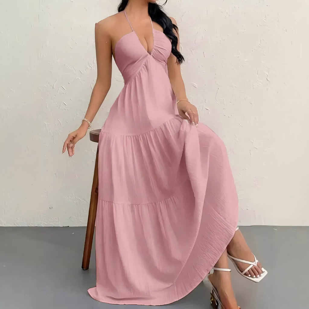 Nouvelle Robe d'Été Style Européen et Américain, Couleur Unie, Sans Bretelles, Dos Nu, Nouée, de Plage, Décontractée, à Col Halter