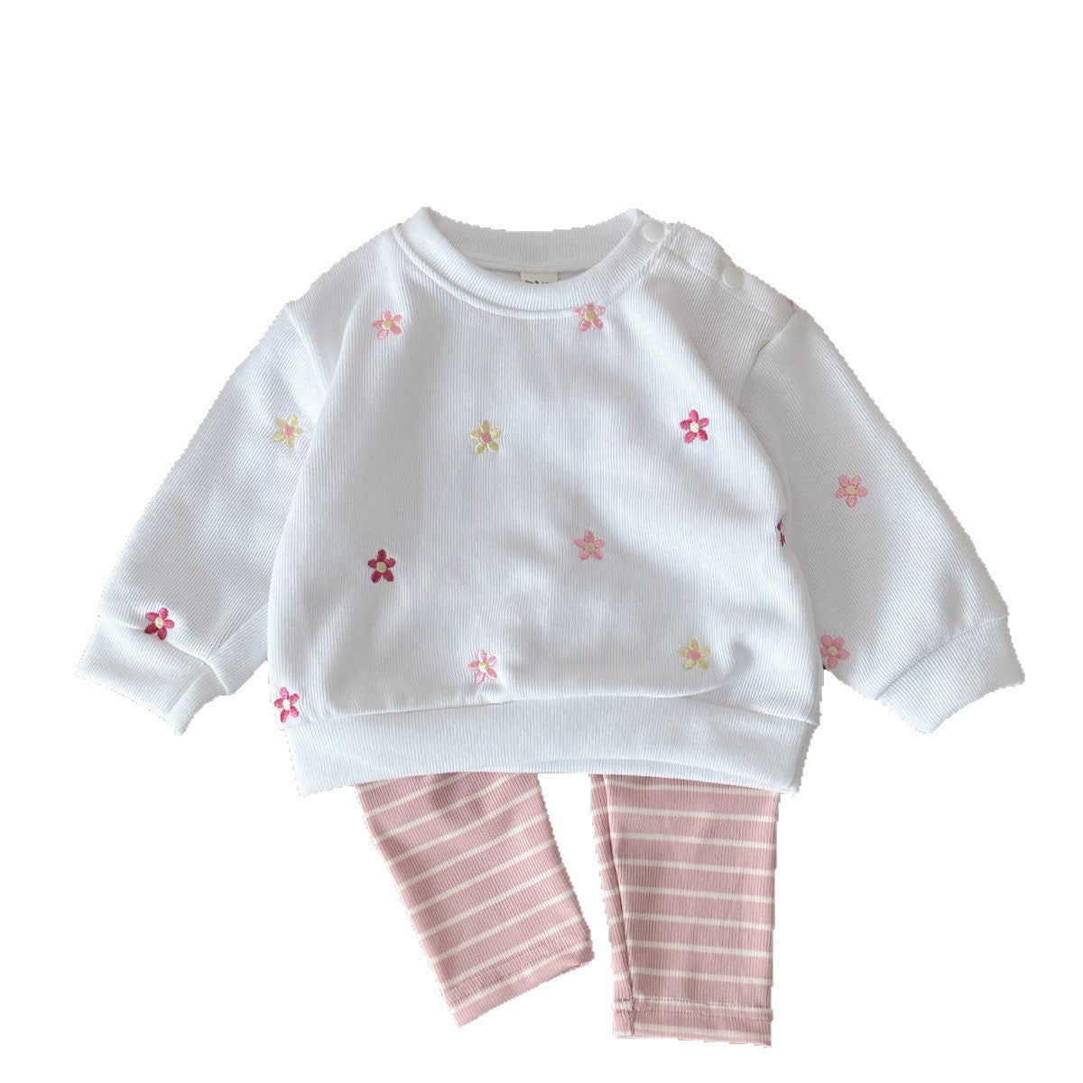 Floral embroidery pullover hoodie long sleeved long pants two-piece set