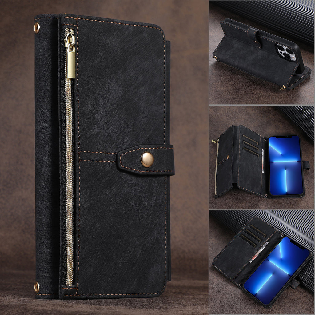 Suitable for IP14PROMAX multi slot zipper bag, Apple 13pro diagonal cross phone protective case, flip cover leather case
