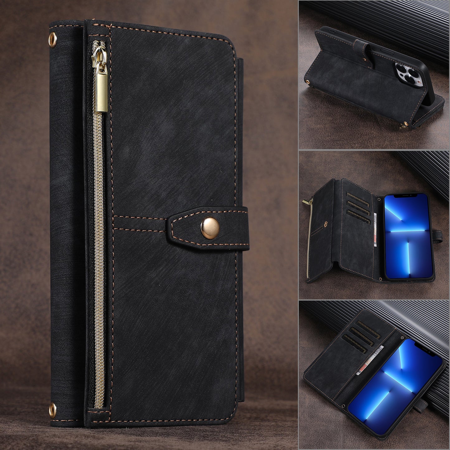 Suitable for IP14PROMAX multi slot zipper bag, Apple 13pro diagonal cross phone protective case, flip cover leather case