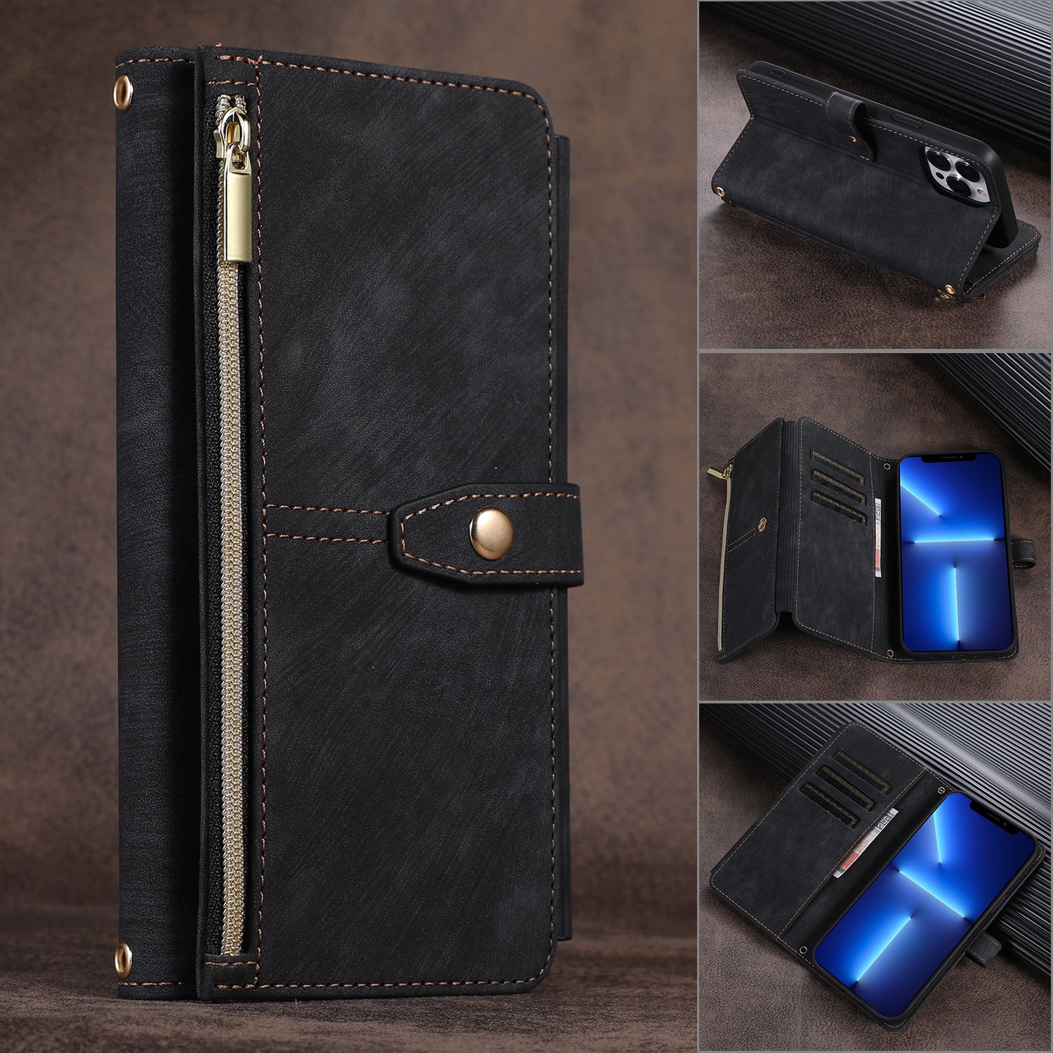 Convient pour sac à fermeture éclair multi-fentes IP14PROMAX, étui de protection pour téléphone portable croisé Apple 13pro, étui en cuir à rabat