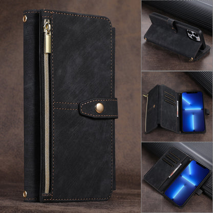 Suitable for IP14PROMAX multi slot zipper bag, Apple 13pro diagonal cross phone protective case, flip cover leather case