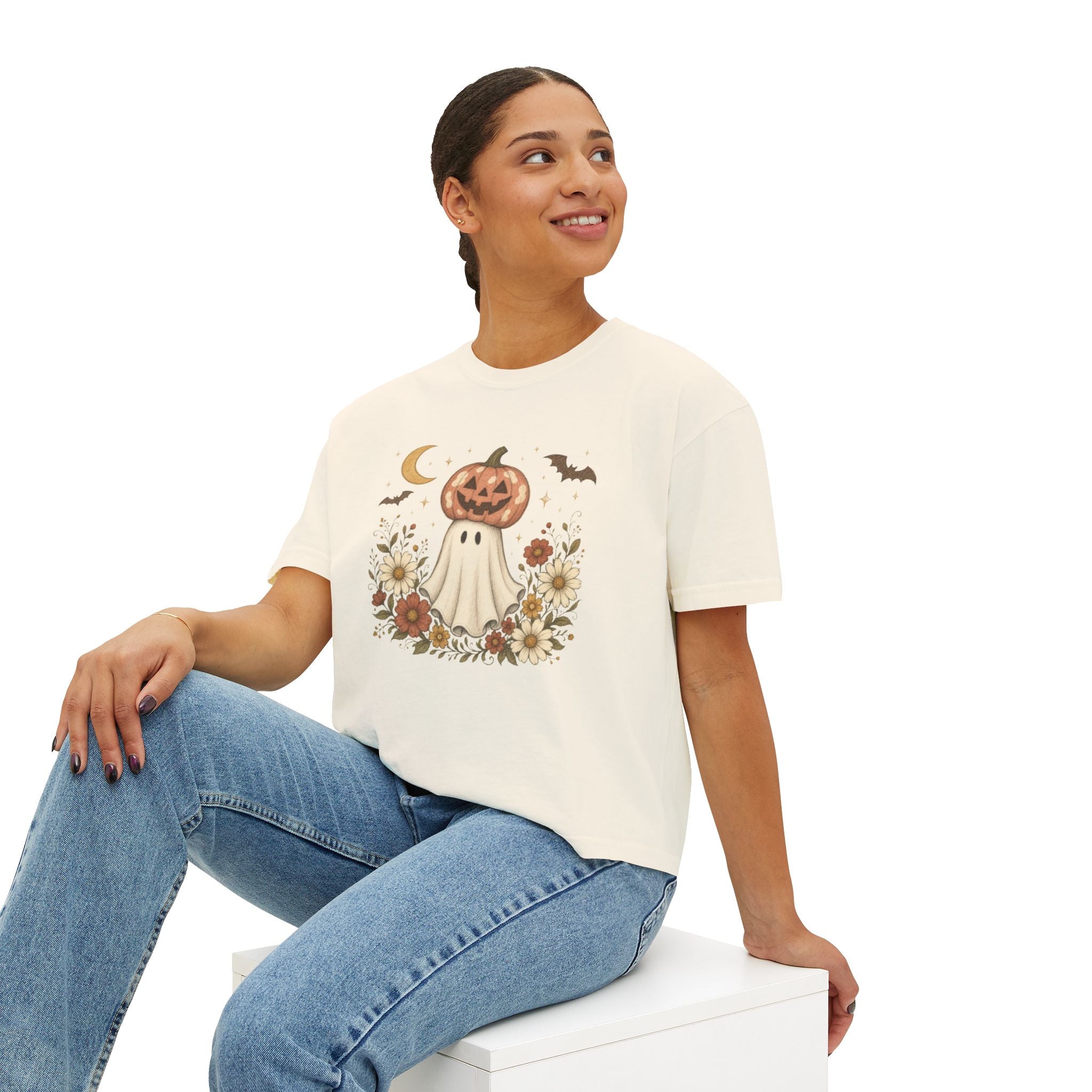 Halloween Pumpkin Ghost Floral Boxy Tee