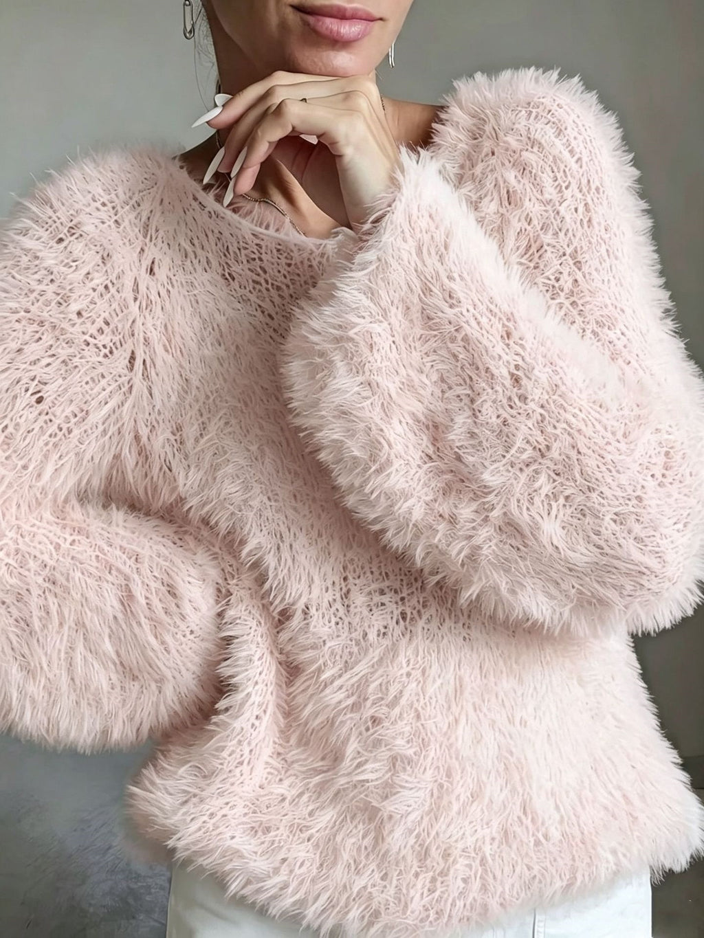 Women's macaron round neck fluffy solid color long sleeved fur top