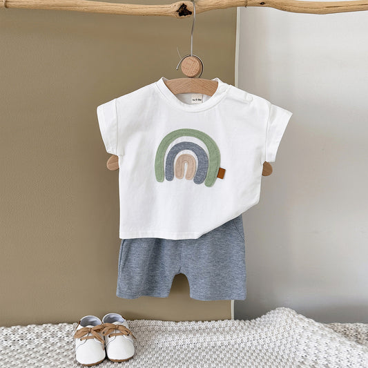 Rainbow pattern patch round neck short sleeved+casual sports shorts two-piece set