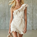Copie de Copie de Mini robe chic à volants et lien, couleur unie, épaules dénudées