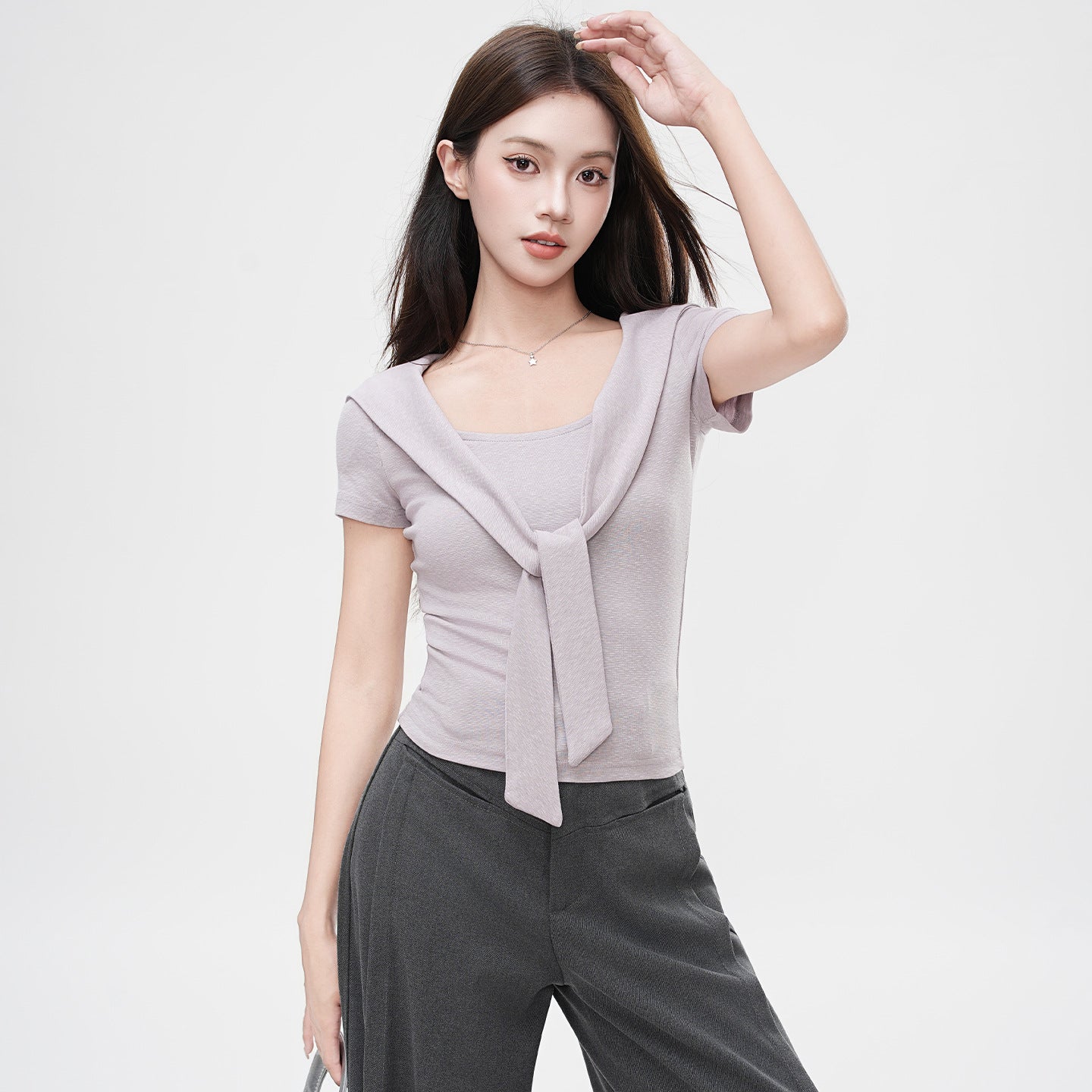 False Two-Piece Design Shoulder Cape V-Neck Short Sleeve T-Shirt Women's Unique Fitted Crop Top