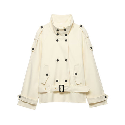 Commuting style stand up collar curved shoulder shape tied windbreaker jacket