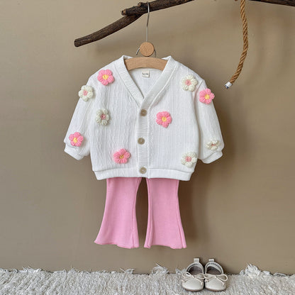 Flower sweater jacket+solid color flared pants two-piece set