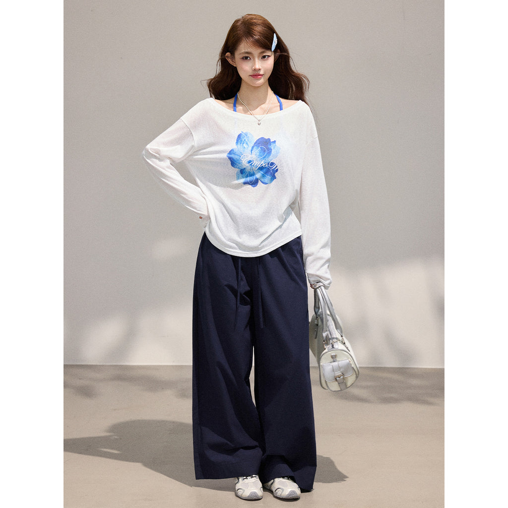 Long Sleeve Cardigan for Women,  Two-Piece Set with Floral Print, Tencel Chiffon Off-Shoulder Top