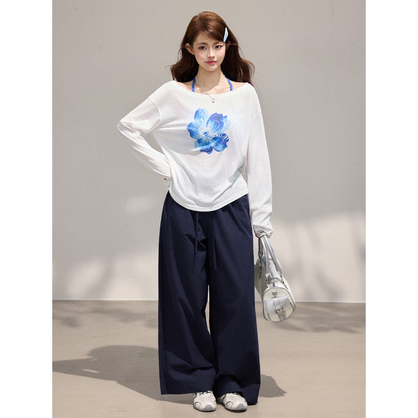 Long Sleeve Cardigan for Women,  Two-Piece Set with Floral Print, Tencel Chiffon Off-Shoulder Top