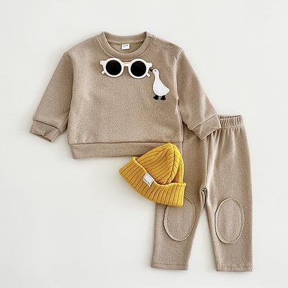 Animal embroidery long sleeved two-piece hoodie set