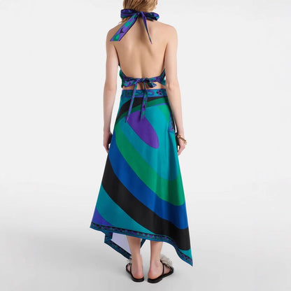 Crossbody Irregular Skirt with Backless Top New Two-Piece Set  Style Printed