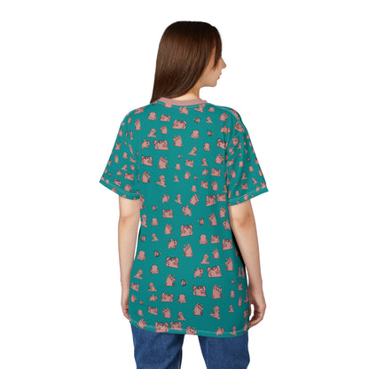 Teal All-Over Print Tee with Cute Cat Pattern