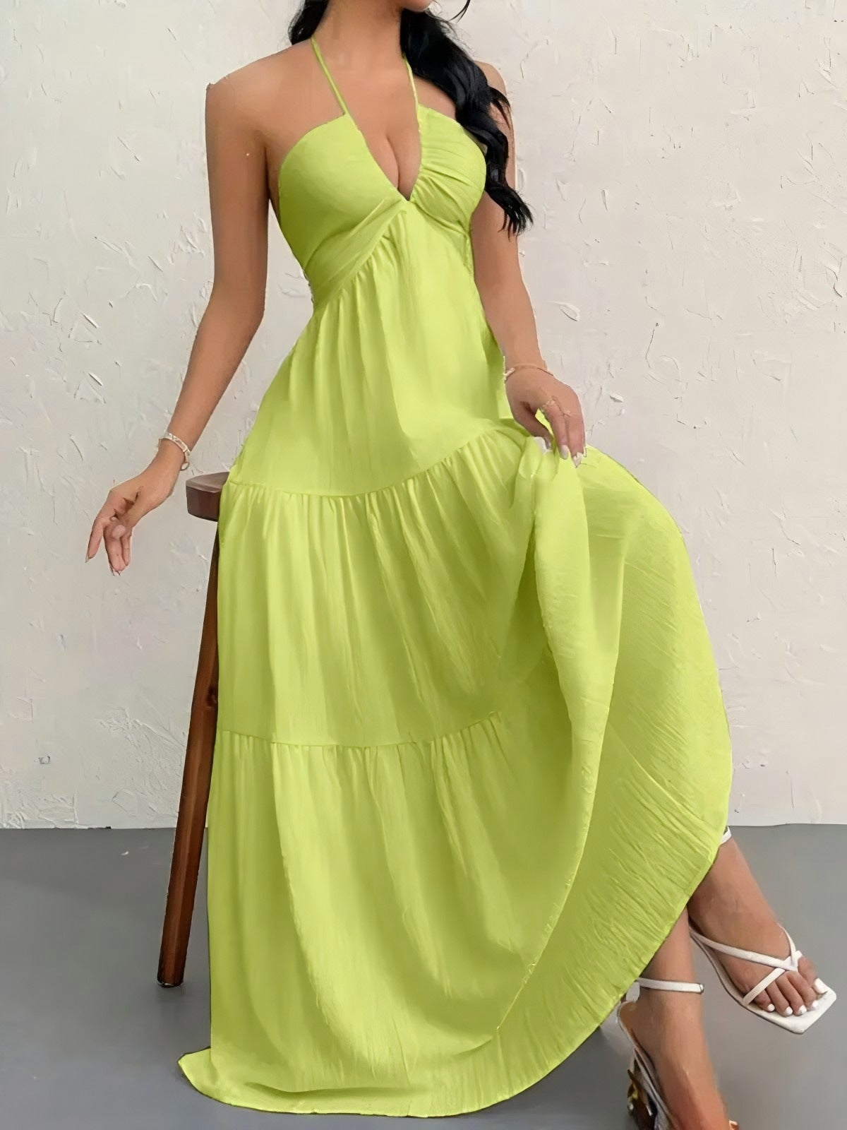 Nouvelle Robe d'Été Style Européen et Américain, Couleur Unie, Sans Bretelles, Dos Nu, Nouée, de Plage, Décontractée, à Col Halter