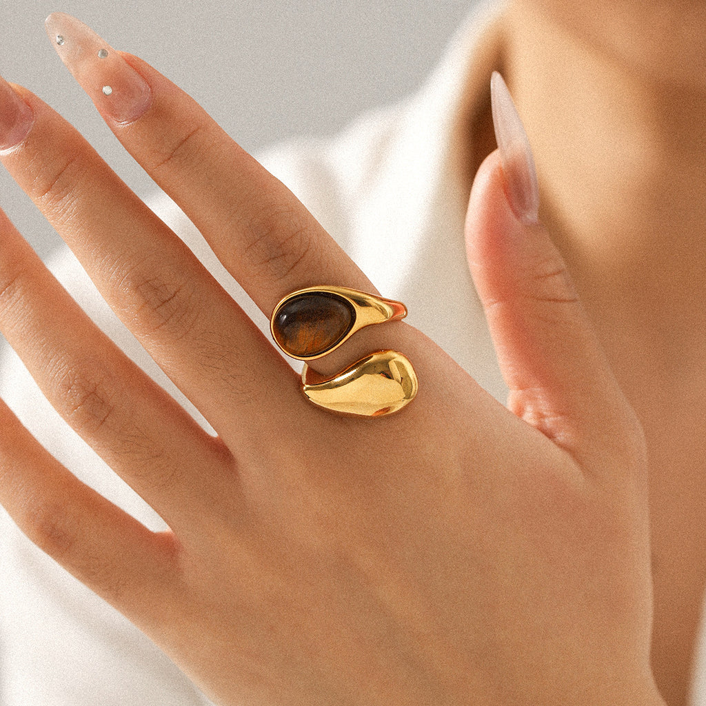 Bague en acier inoxydable en forme de goutte d'eau incrustée d'œil de tigre