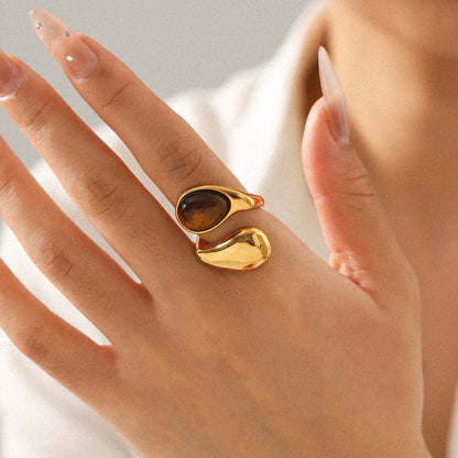 Waterdrop shaped stainless steel inlaid tiger eye stone ring