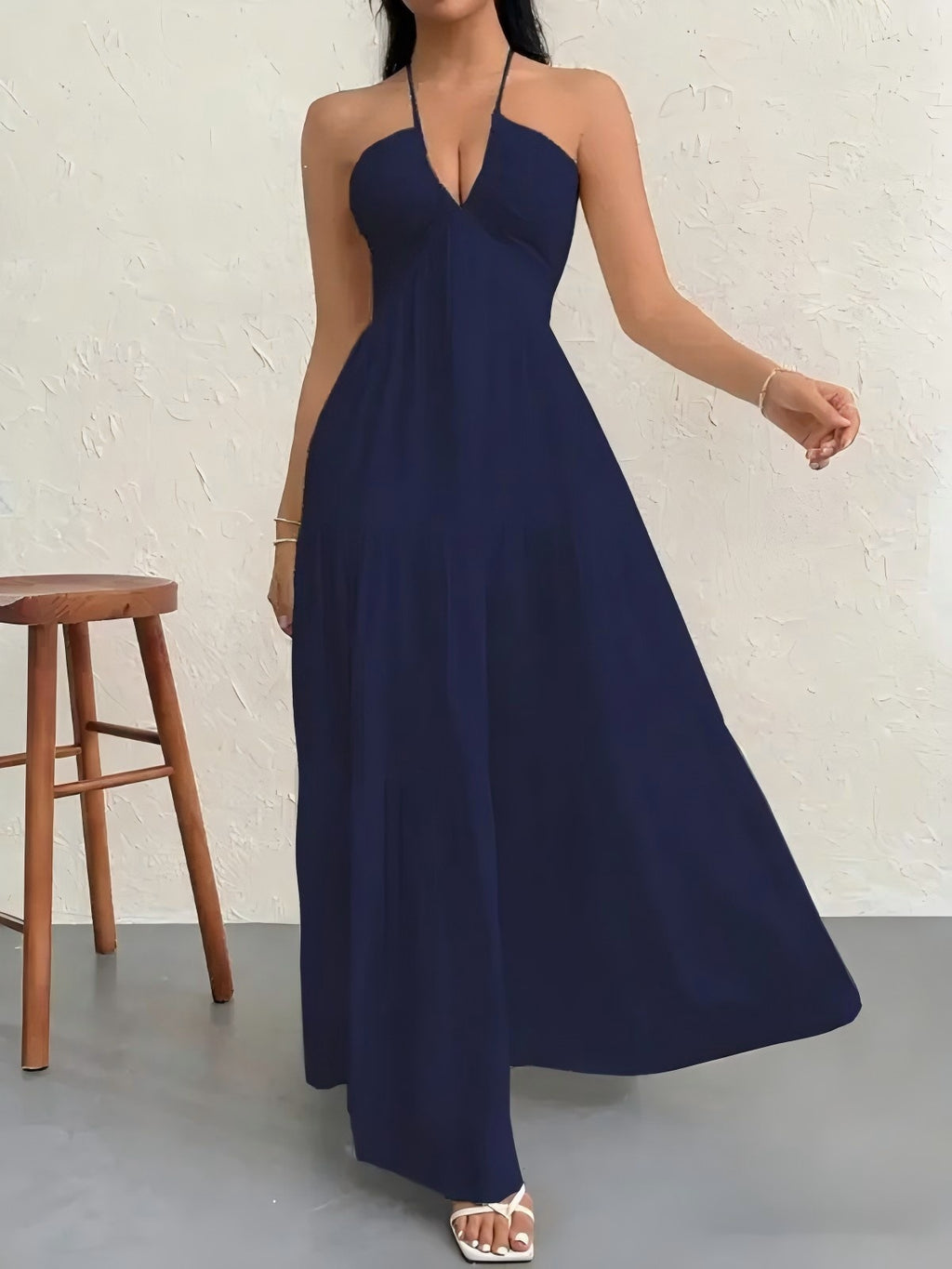 Nouvelle Robe d'Été Style Européen et Américain, Couleur Unie, Sans Bretelles, Dos Nu, Nouée, de Plage, Décontractée, à Col Halter