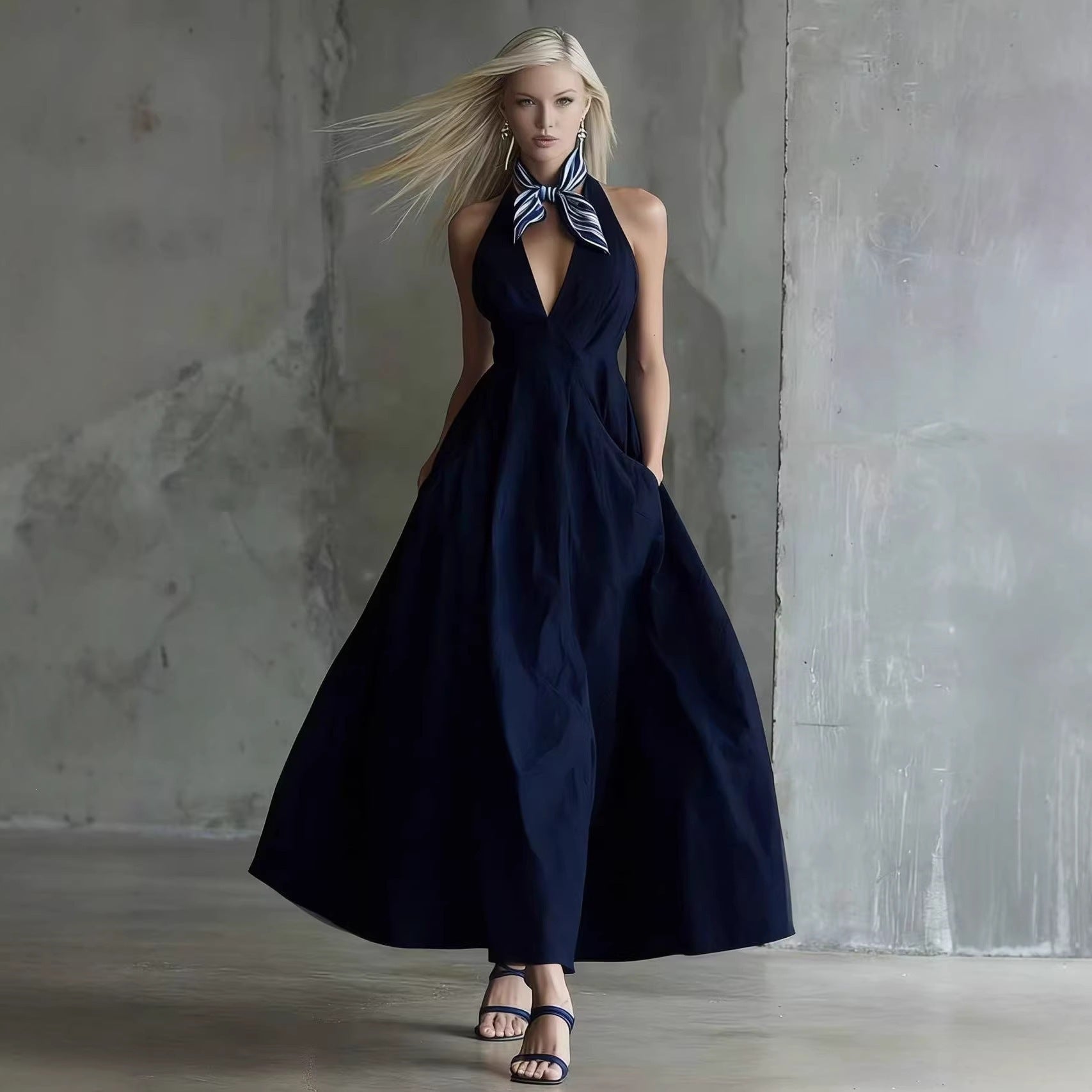 Elegant Vintage Resort Sleeveless Tie-Waist V-Neck A-Line Mid-Length Dress for Women