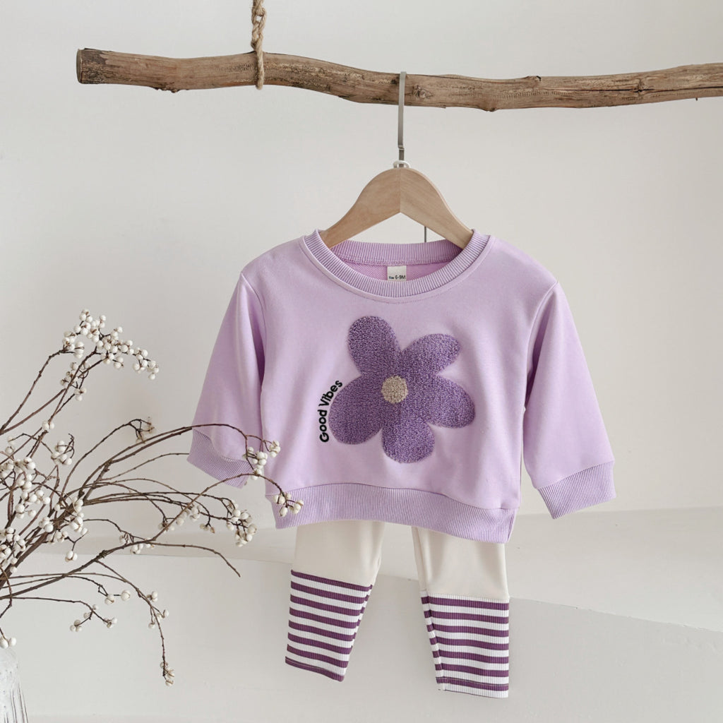 Flower patch hoodie striped pants two-piece set