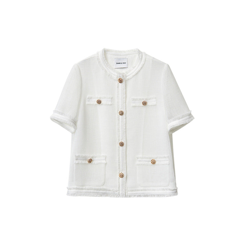 Summer Lightweight Open Front Blouse, Cotton-Polyamide Blend Cool-Feeled Short Sleeve Top with Hem Fringe, Chanel-Style Round Neck