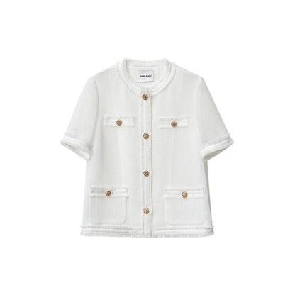 Summer Lightweight Open Front Blouse, Cotton-Polyamide Blend Cool-Feeled Short Sleeve Top with Hem Fringe, Chanel-Style Round Neck