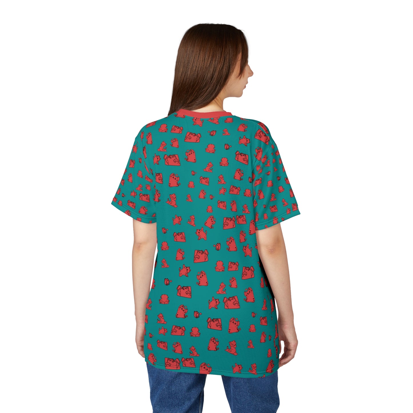 Teal All-Over Print Tee with Cute Cat Pattern