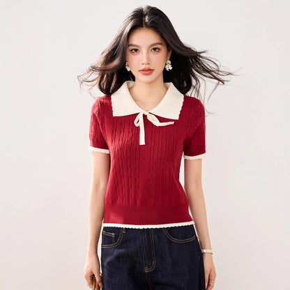 Cute Color-Blocking Short Sleeve Knit Top for Women, Summer Lightweight Skin-FriendlyBreathable Tie-Bow Design Sweet and Youthful Look