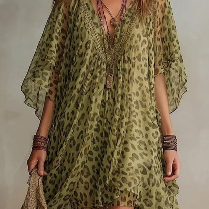 V-neck chiffon dress beach vacation cover shirt leopard print beach skirt