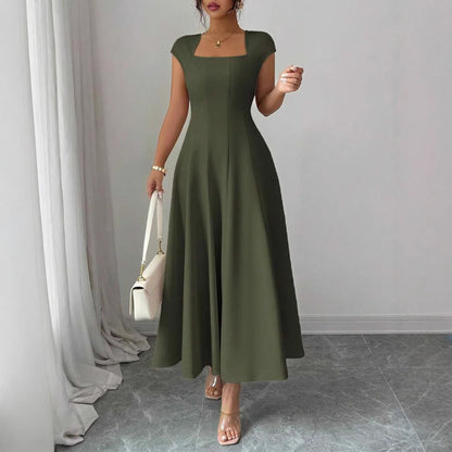 Chic Long Dress Women's Square Neck Short Sleeve Dress